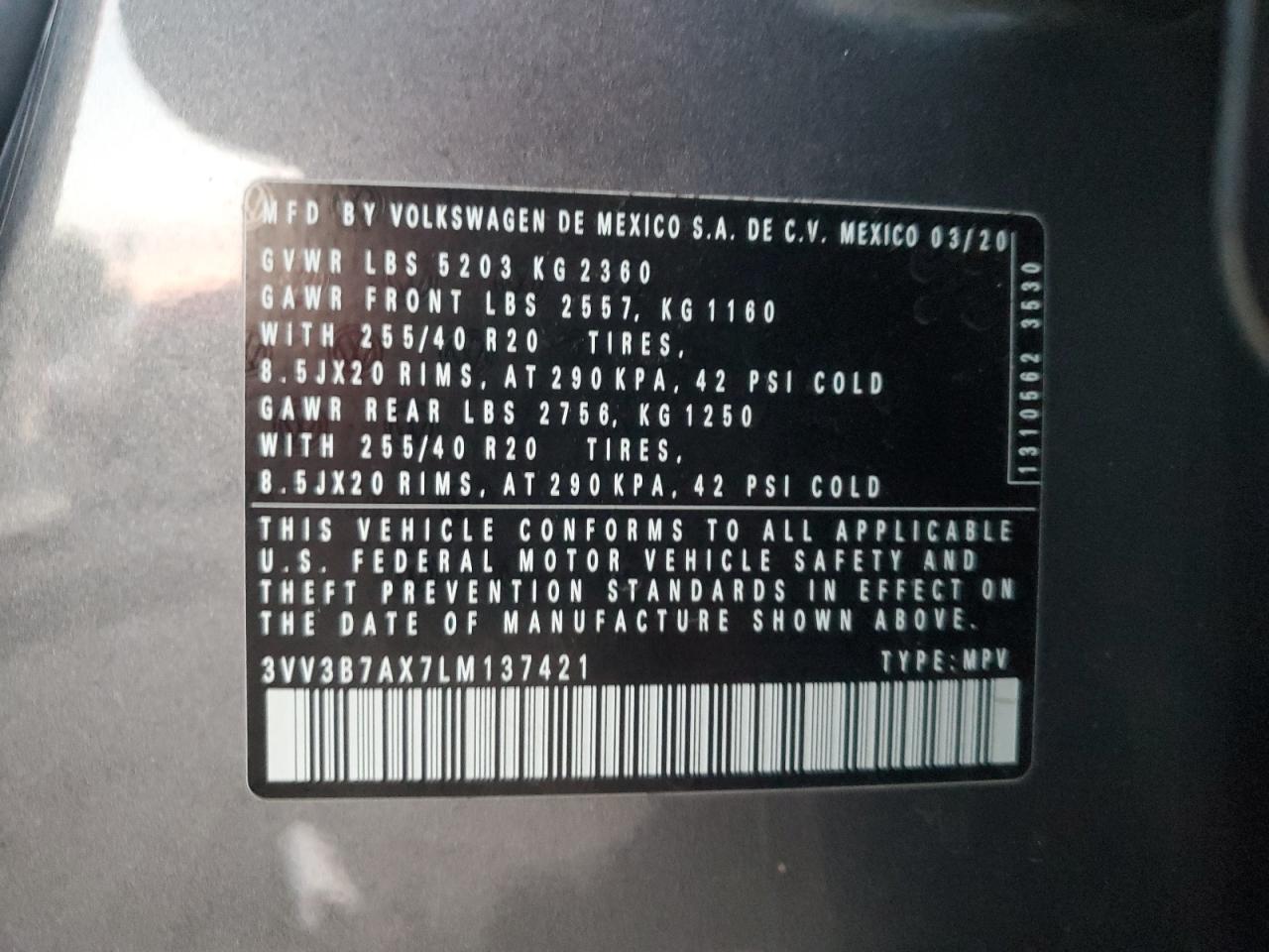 2020 Volkswagen Tiguan VIN 3VV3B7AX7LM137421 Copart auction photo, undercarriage damage thumbnail 13