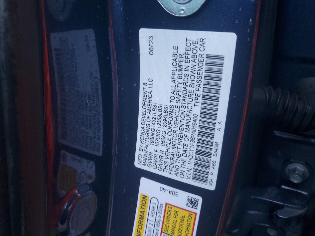 2023 Honda Accord VIN 1HGCY1F38PA059400 Copart auction photo, front end damage thumbnail 12
