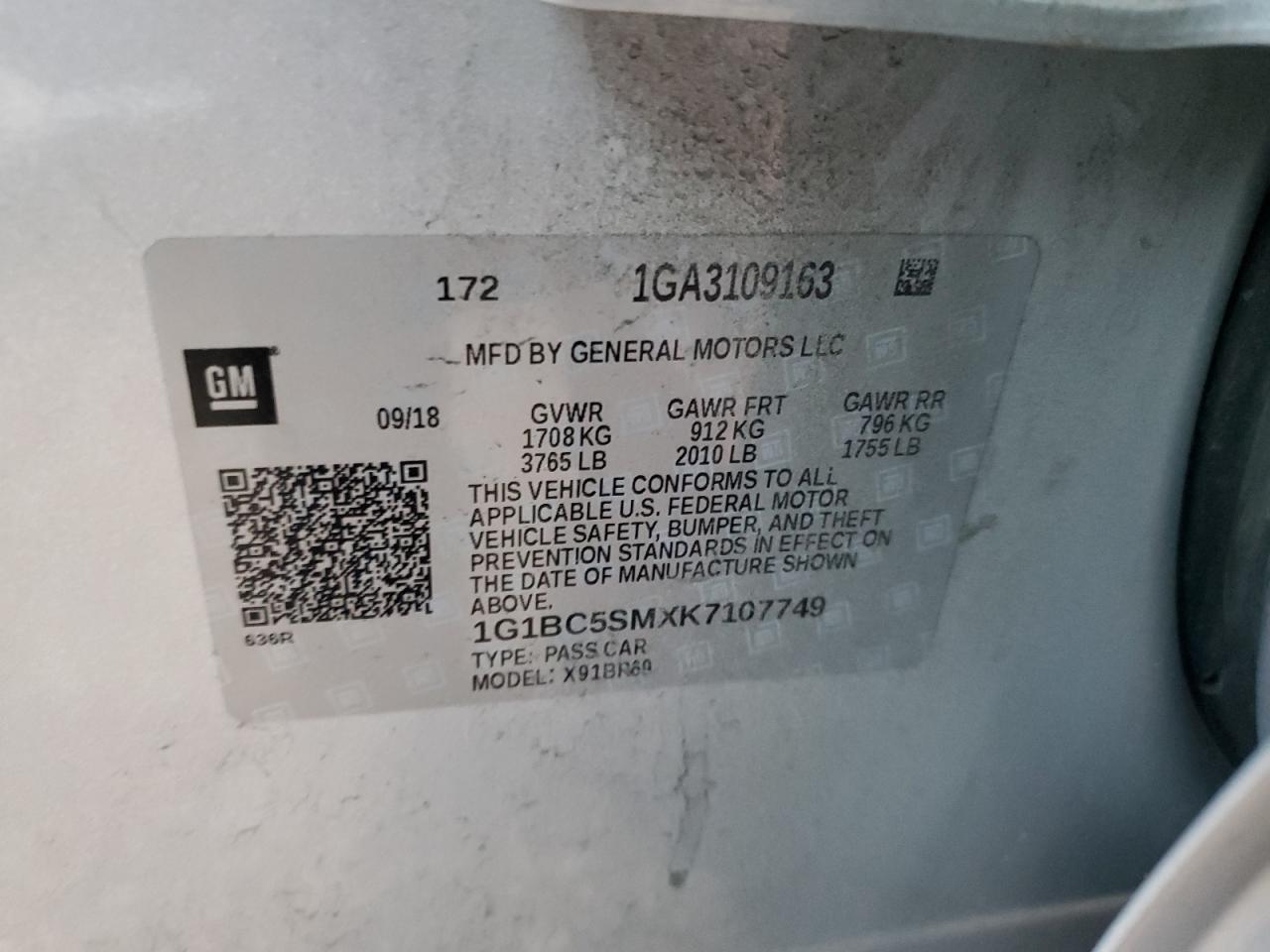 2019 Chevrolet Cruze VIN 1G1BC5SMXK7107749 Copart auction photo, frame damage damage thumbnail 12