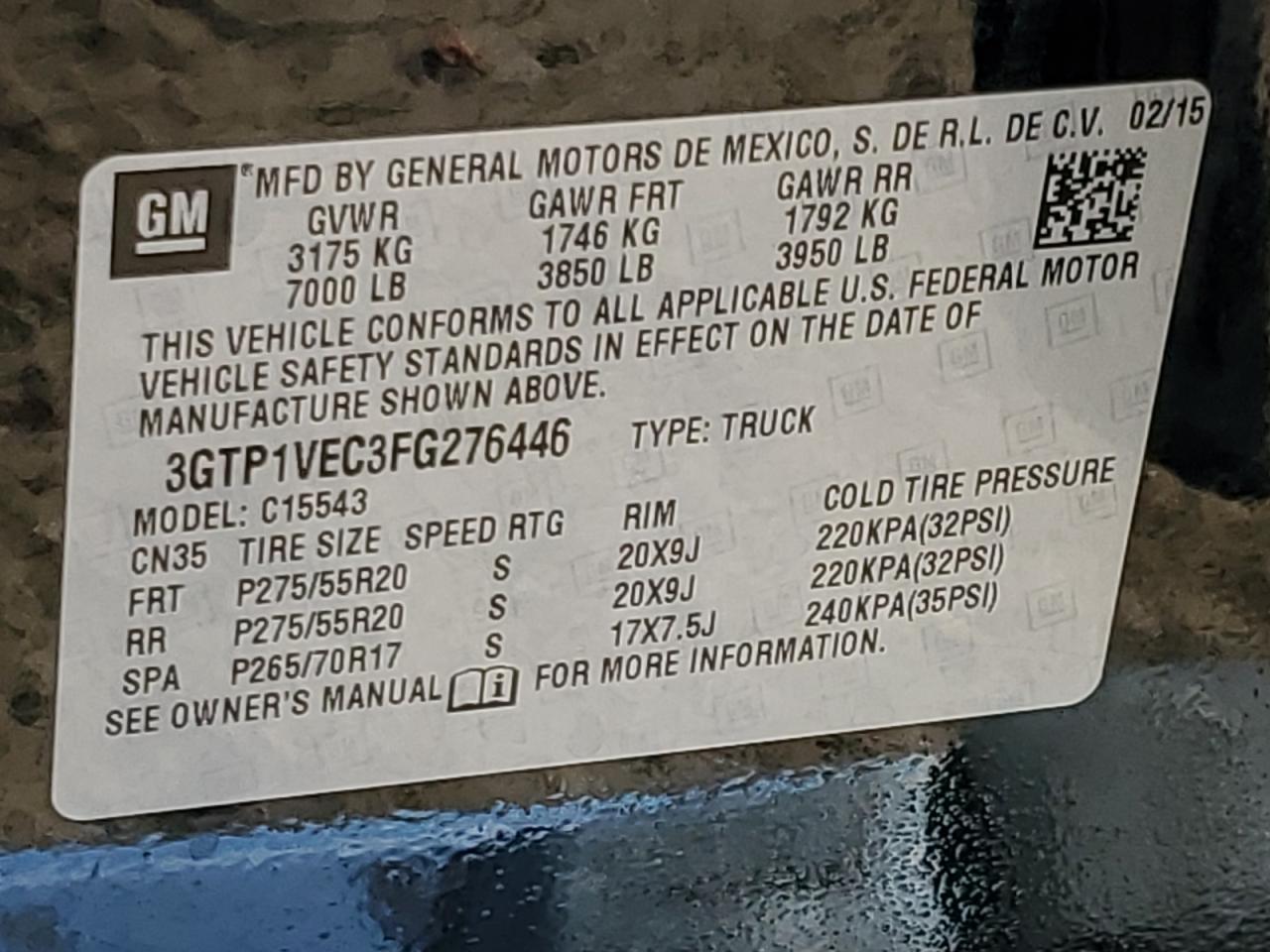 2015 GMC Sierra VIN 3GTP1VEC3FG276446 Copart auction photo, rear end / front end damage thumbnail 14