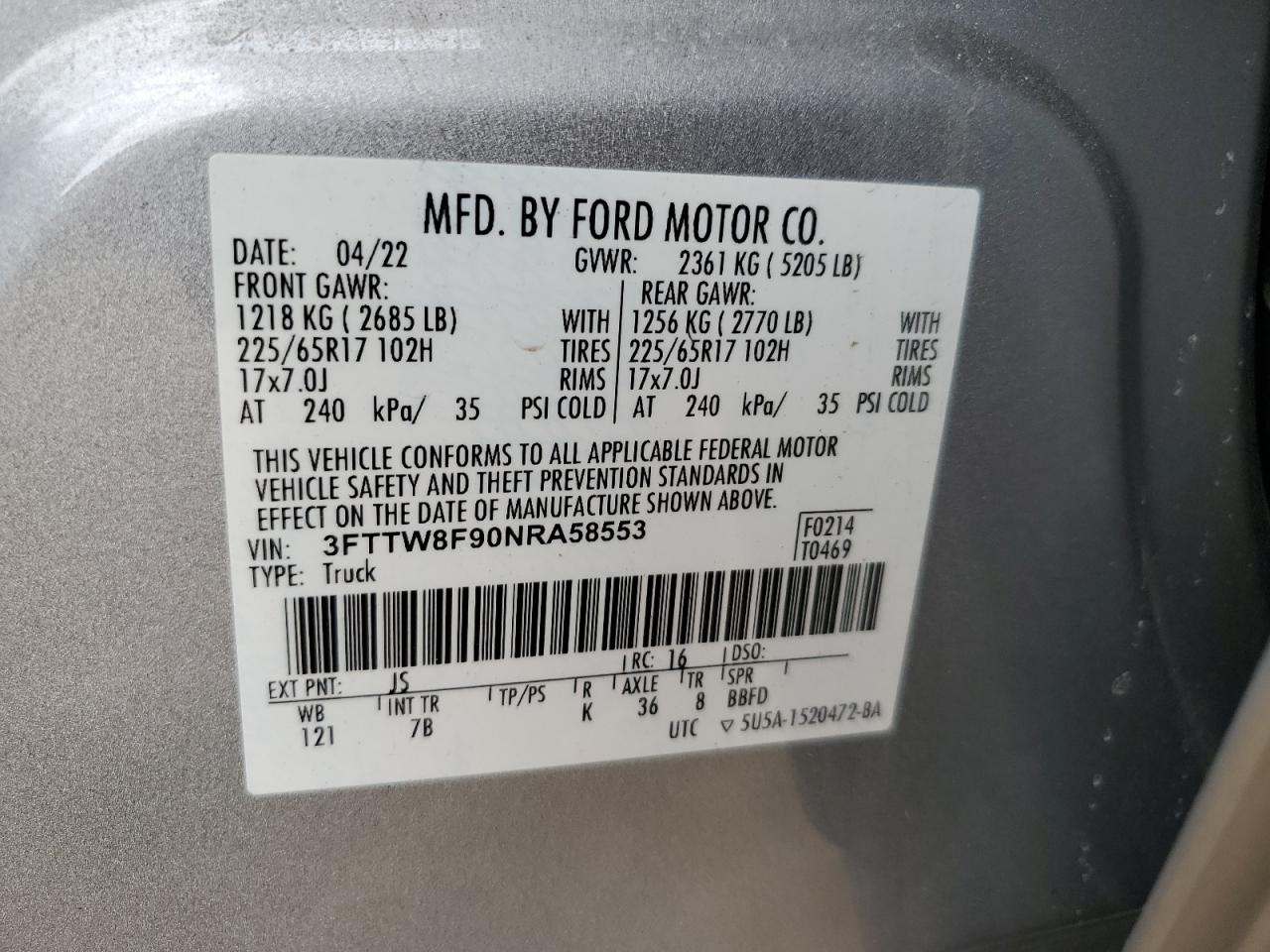 2022 Ford Maverick VIN 3FTTW8F90NRA58553 Copart auction photo, front end damage thumbnail 12