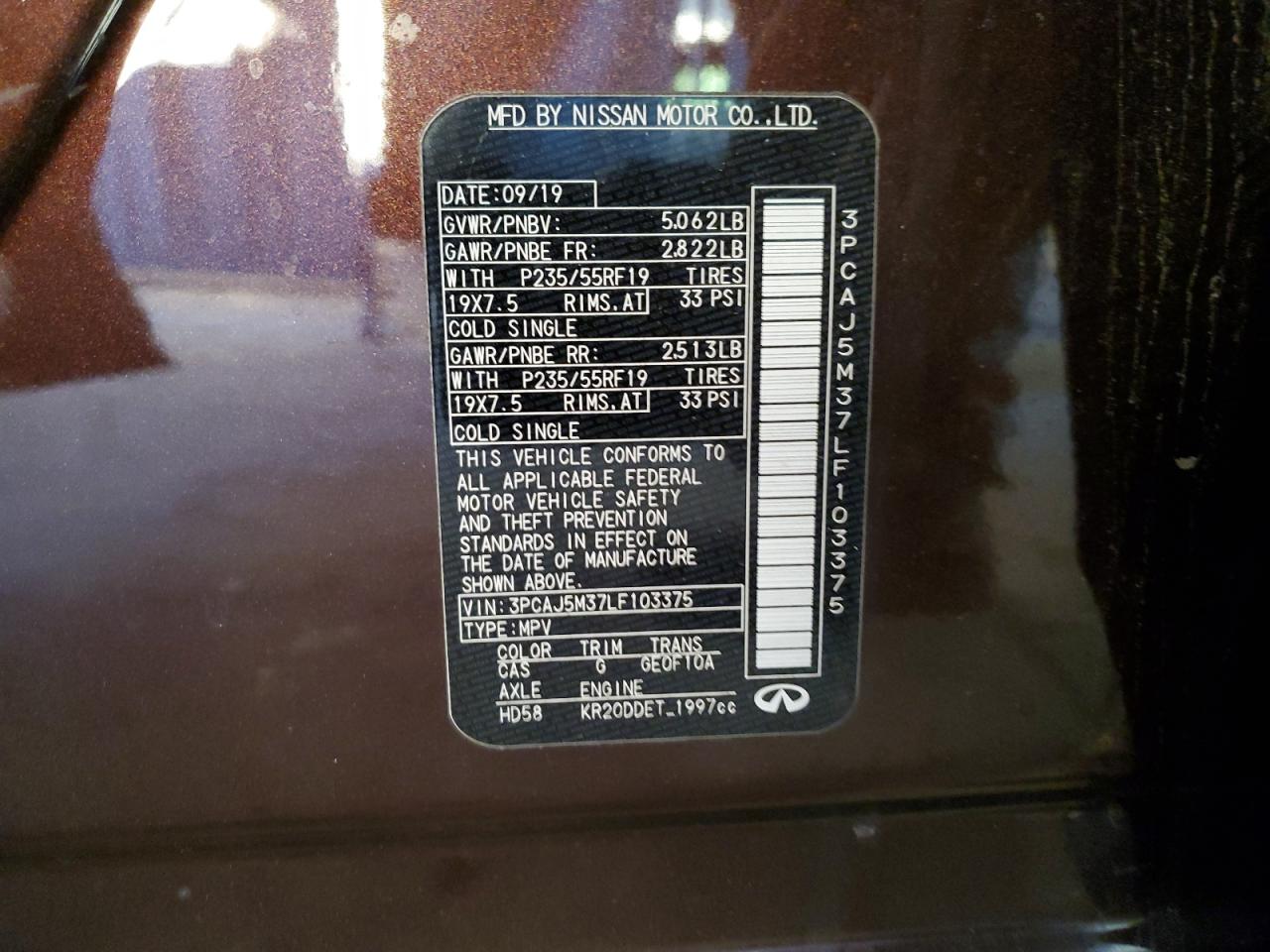 2020 Infiniti QX50 VIN 3PCAJ5M37LF103375 Copart auction photo, front end / side damage thumbnail 13