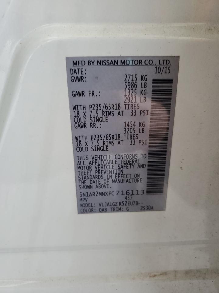 2015 Nissan Pathfinder VIN 5N1AR2MNXFC716113 Copart auction photo, front end damage thumbnail 15