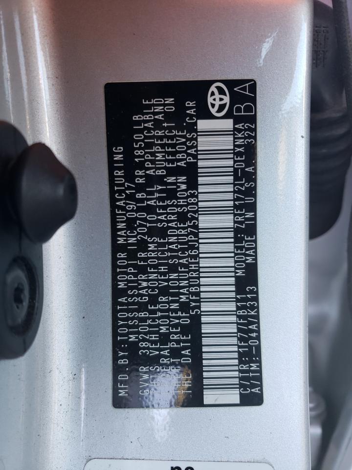 2018 Toyota Corolla VIN 5YFBURHE6JP752083 Copart auction photo, front end damage thumbnail 12