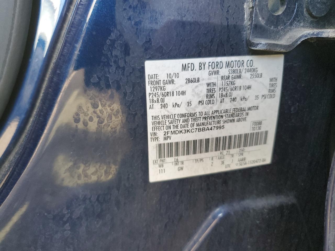 2011 Ford Edge VIN 2FMDK3KC7BBA47995 Copart auction photo, front end damage thumbnail 13