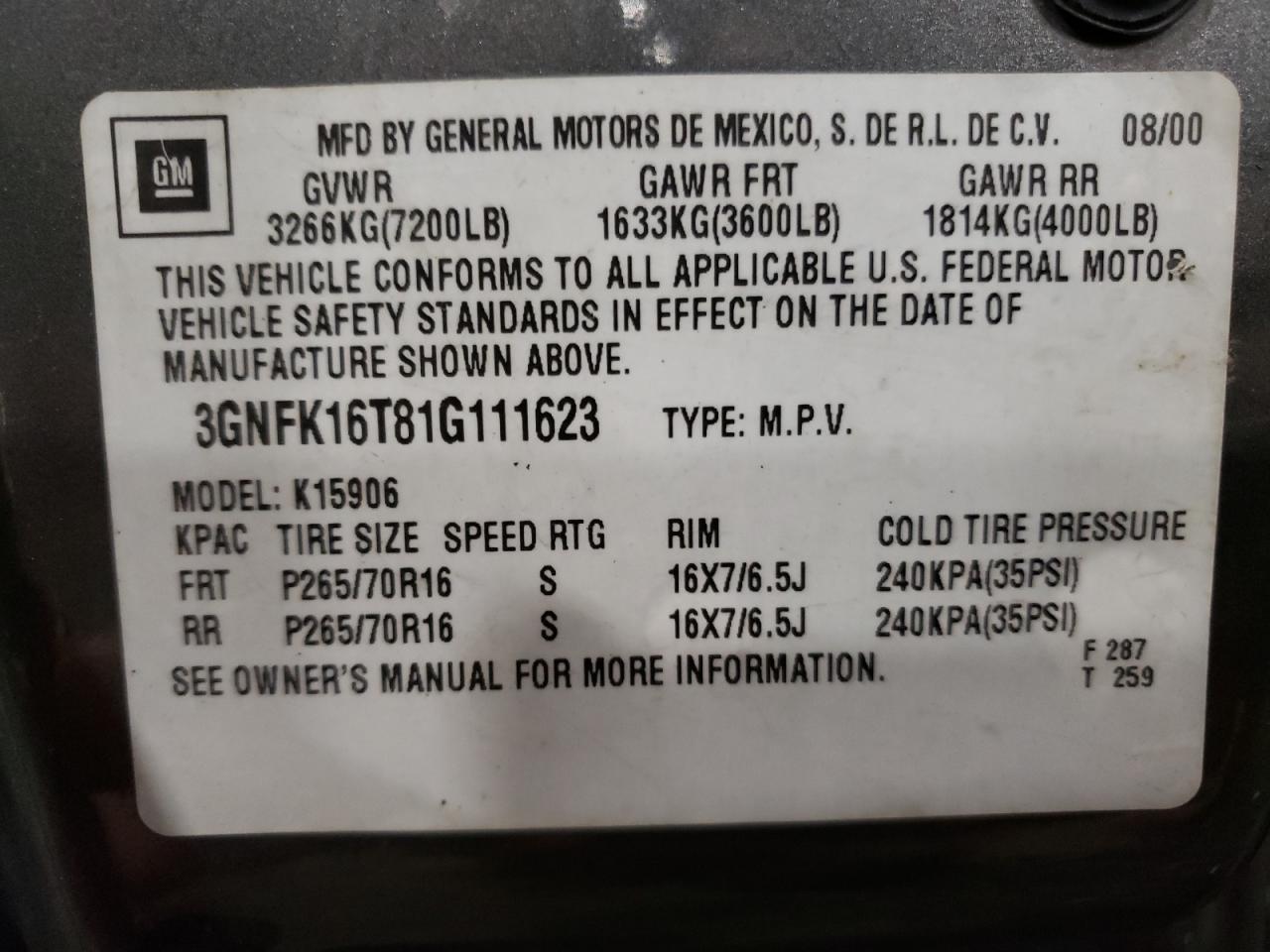 2001 Chevrolet Suburban VIN 3GNFK16T81G111623 Copart auction photo, biohazard/chemical damage thumbnail 13