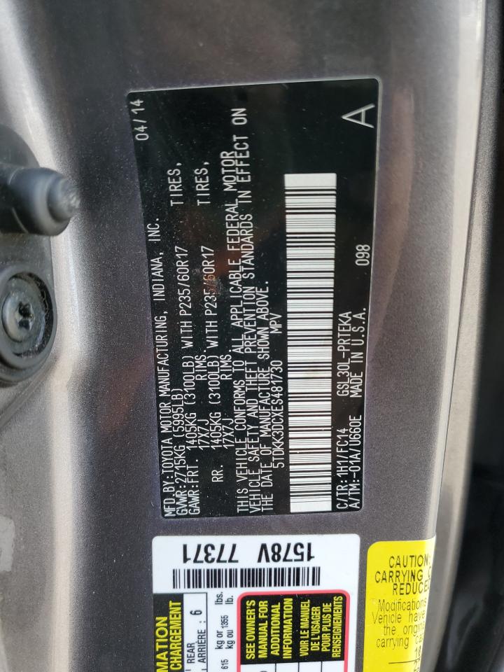 2014 Toyota Sienna VIN 5TDKK3DCXES481730 Copart auction photo, front end damage thumbnail 13