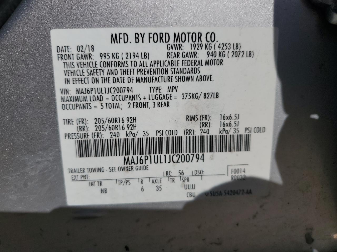 2018 Ford EcoSport VIN MAJ6P1UL1JC200794 Copart auction photo, front end / mechanical damage thumbnail 13