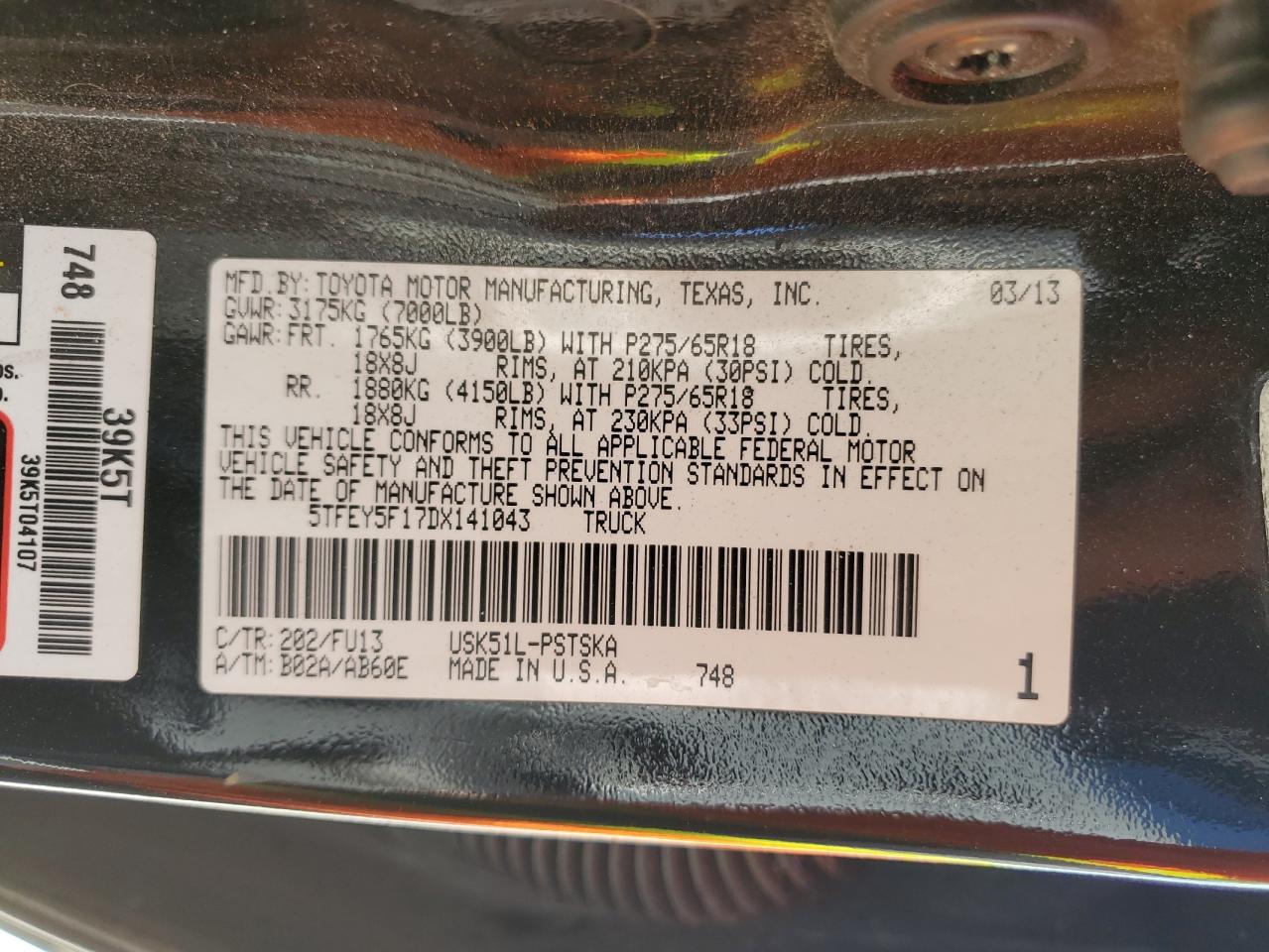 2013 Toyota Tundra VIN 5TFEY5F17DX141043 Copart auction photo, front end / minor dent/scratches damage thumbnail 12