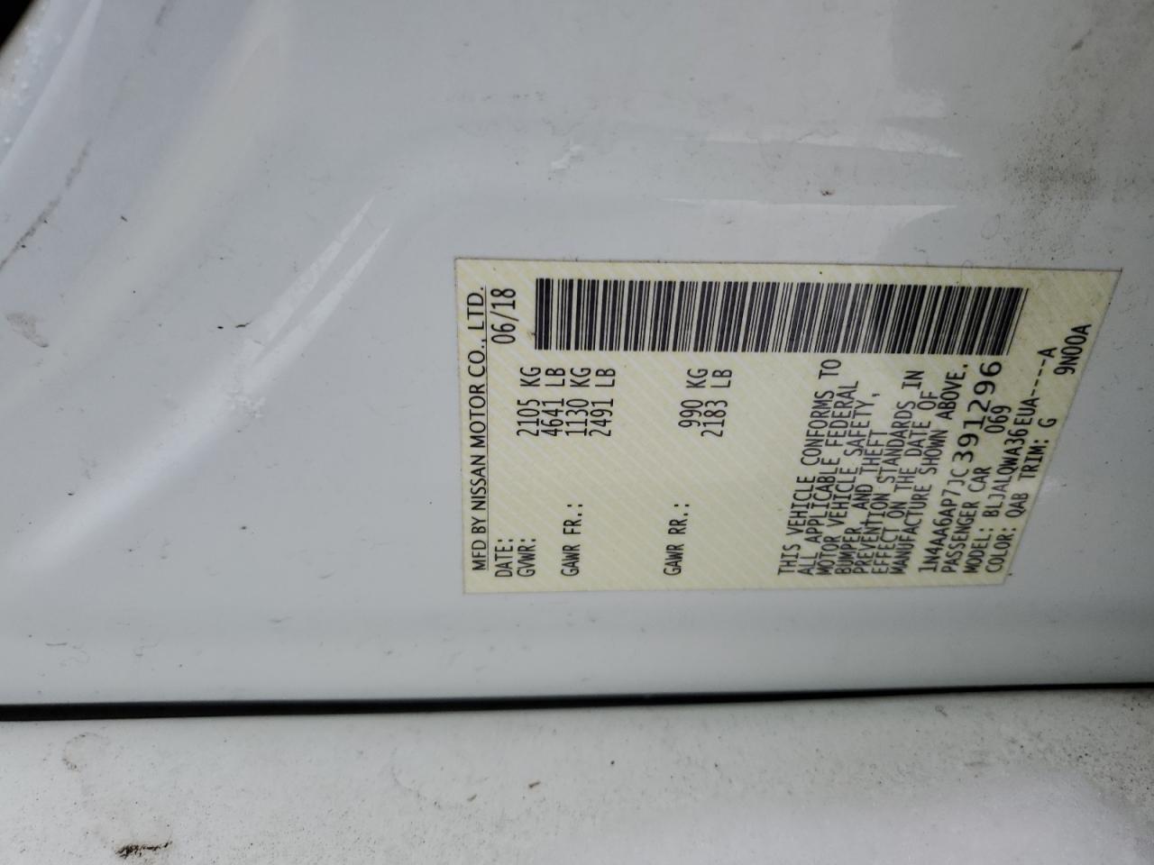 2018 Nissan Maxima VIN 1N4AA6AP7JC391296 Copart auction photo, all over / minor dent/scratches damage thumbnail 12