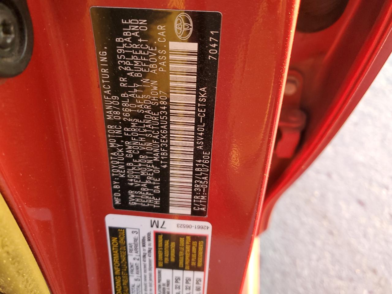 2010 Toyota Camry VIN 4T1BF3EK6AU534807 Copart auction photo, rear end damage thumbnail 14