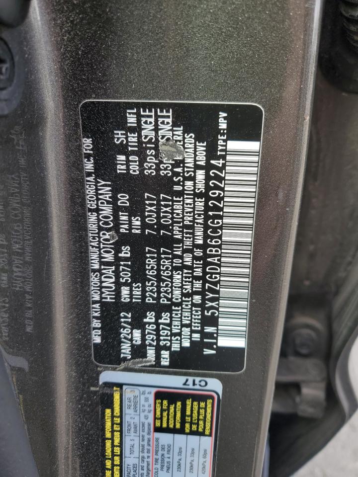 2012 Hyundai Santa Fe VIN 5XYZGDAB6CG129224 Copart auction photo, front end / mechanical damage thumbnail 13
