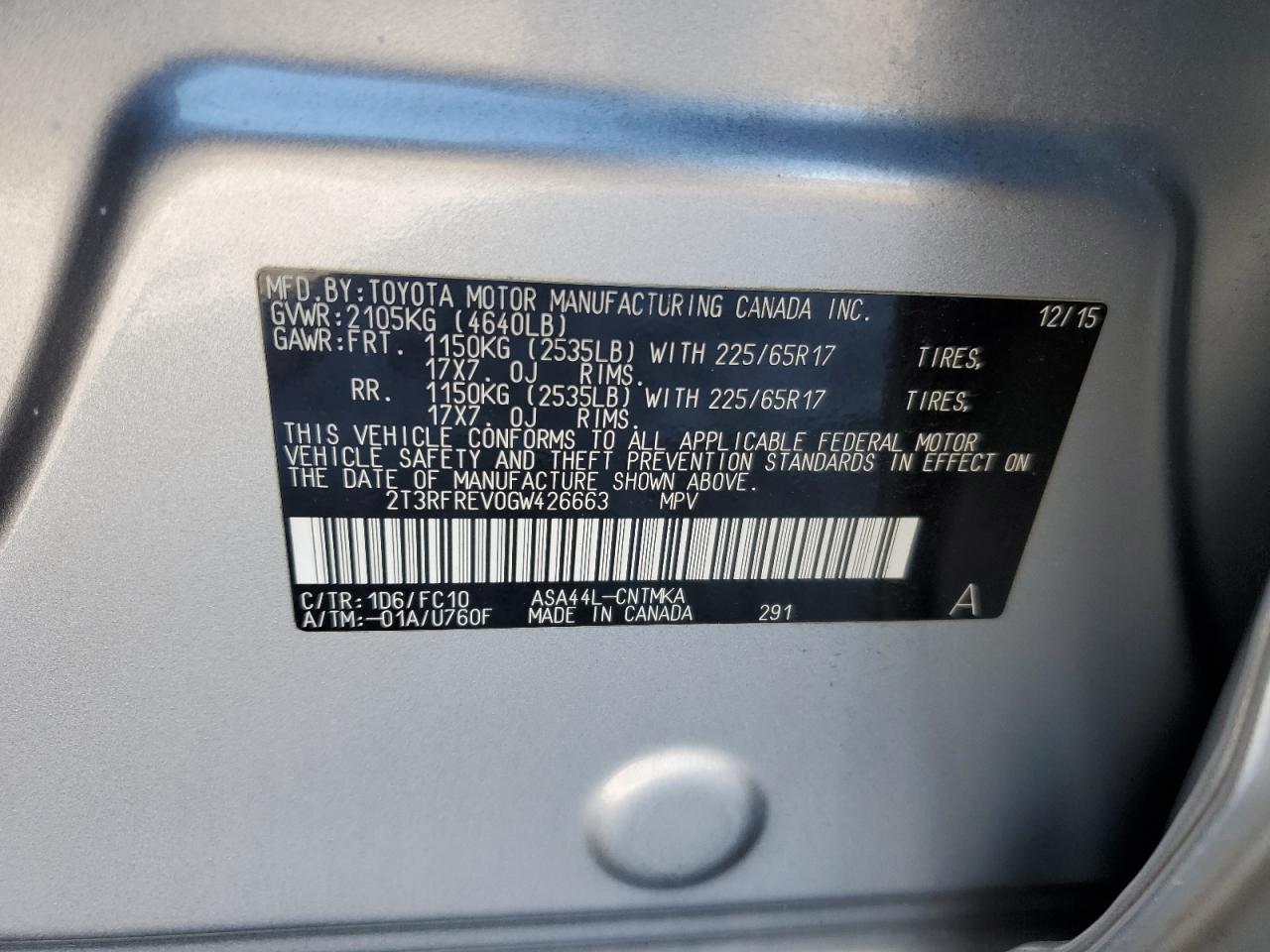 2016 Toyota RAV 4 VIN 2T3RFREV0GW426663 Copart auction photo, front end damage thumbnail 13