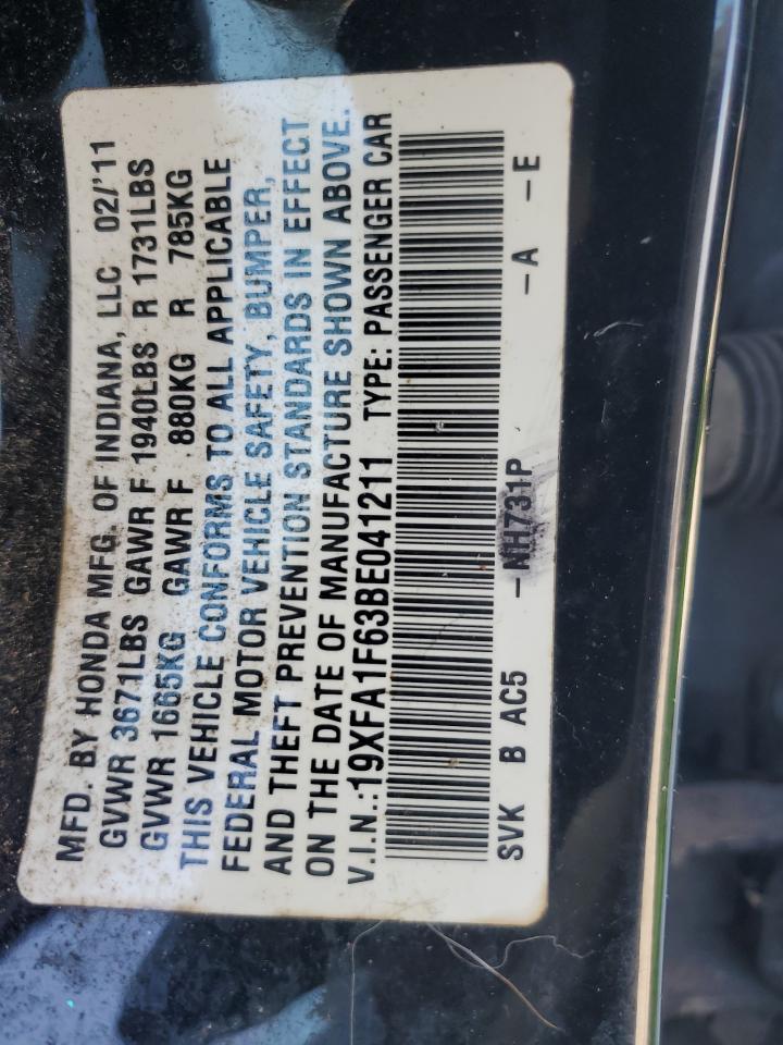 2011 Honda Civic VIN 19XFA1F63BE041211 Copart auction photo, side / front end damage thumbnail 12