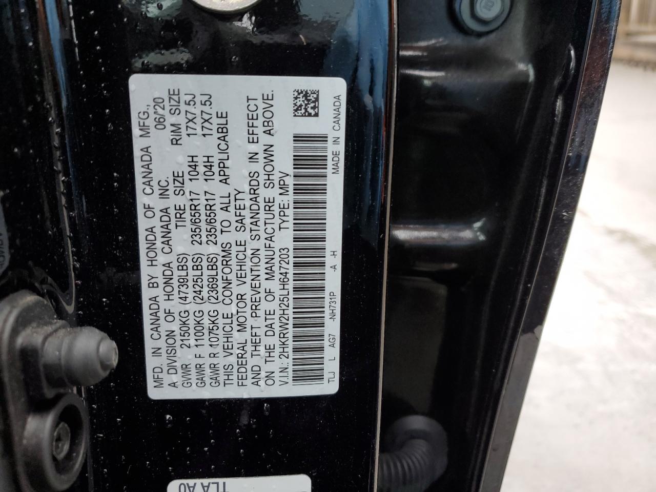2020 Honda CR-V VIN 2HKRW2H25LH647203 Copart auction photo, front end / side damage thumbnail 15