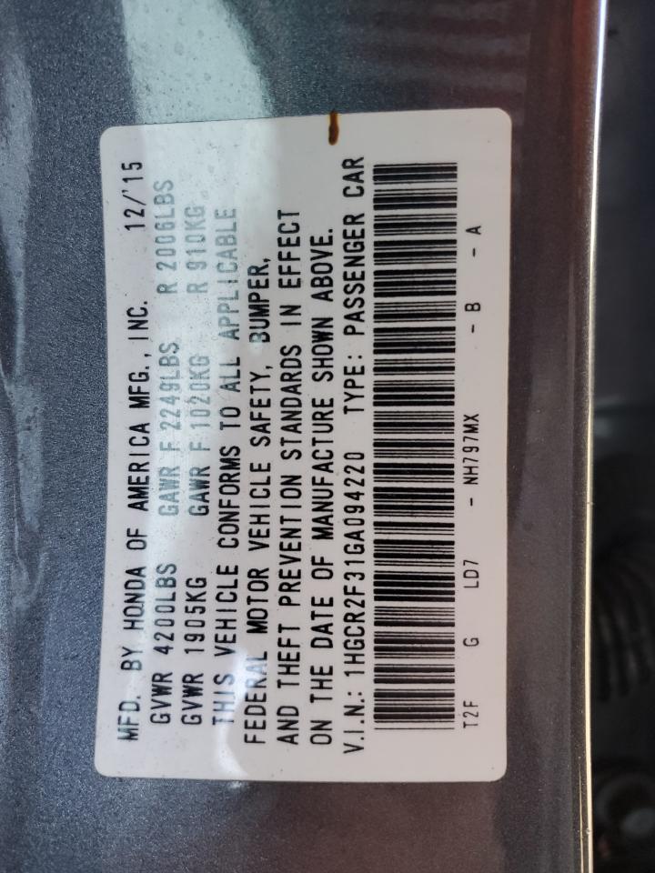2016 Honda Accord VIN 1HGCR2F31GA094220 Copart auction photo, side damage thumbnail 14