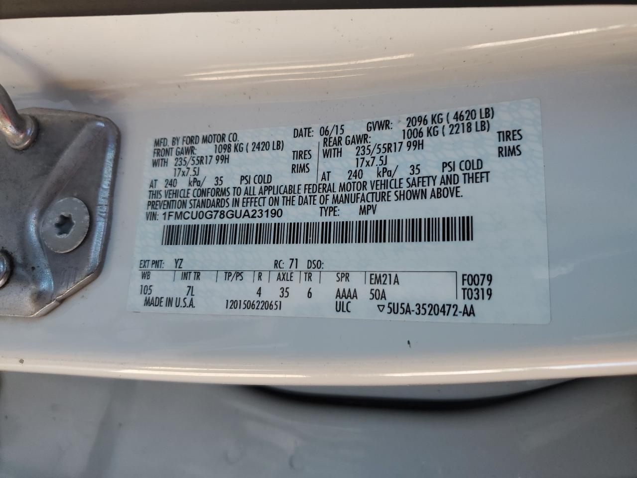 2016 Ford Escape VIN 1FMCU0G78GUA23190 Copart auction photo, side / mechanical damage thumbnail 13