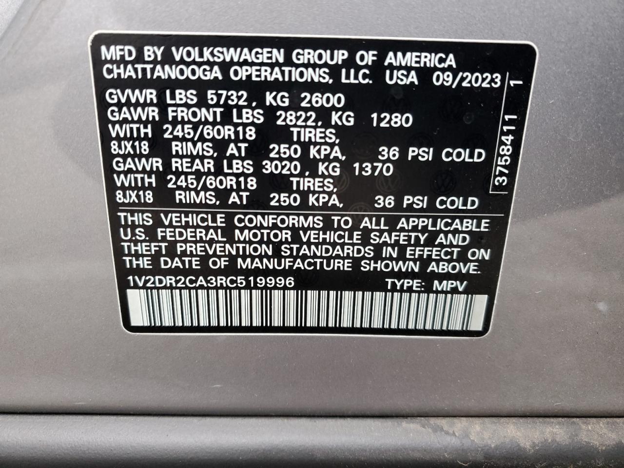 2024 Volkswagen Atlas VIN 1V2DR2CA3RC519996 Copart auction photo, side / undercarriage damage thumbnail 13