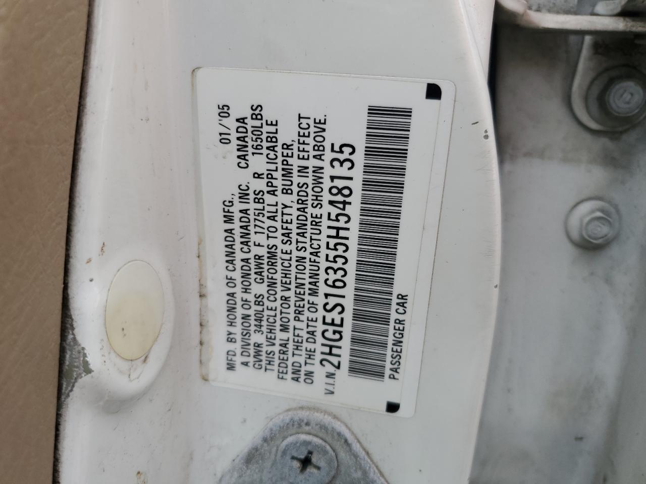2005 Honda Civic VIN 2HGES16355H548135 Copart auction photo, front end damage thumbnail 12