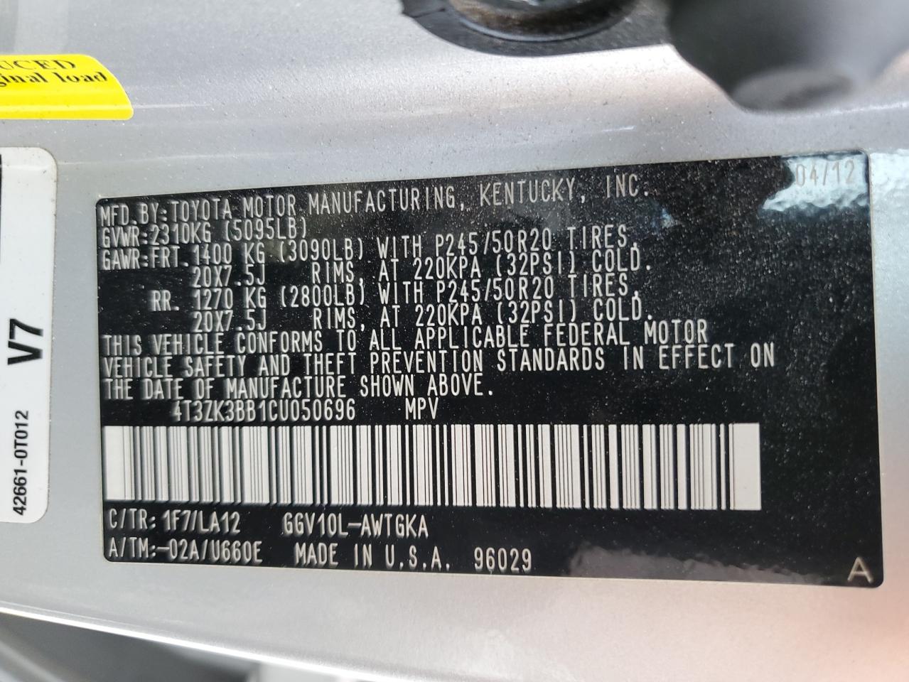 2012 Toyota Venza VIN 4T3ZK3BB1CU050696 Copart auction photo, front end / minor dent/scratches damage thumbnail 13
