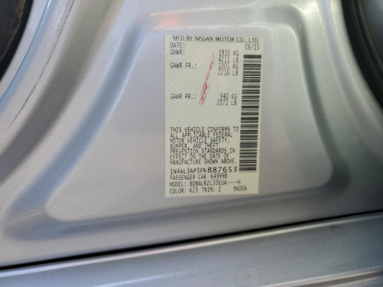 2015 Nissan Altima VIN 1N4AL3AP3FN887653 Copart auction photo, front end / rear end damage thumbnail 14