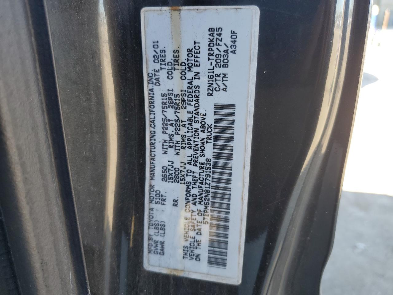 2001 Toyota Tacoma VIN 5TEPM62N81Z791538 Copart auction photo, undercarriage damage thumbnail 12
