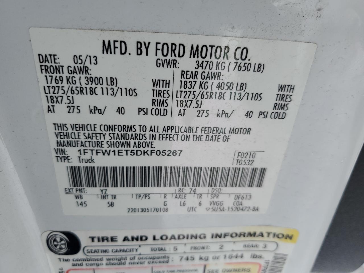 2013 Ford F-150 VIN 1FTFW1ET5DKF05267 Copart auction photo, front end damage thumbnail 12