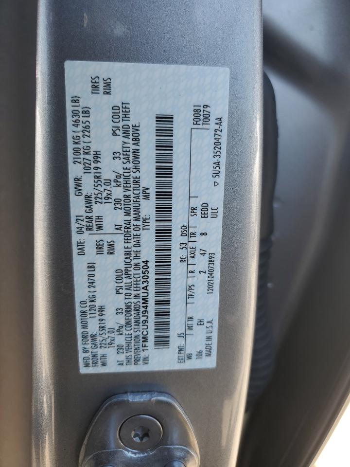 2021 Ford Escape VIN 1FMCU9J94MUA30504 Copart auction photo, side damage thumbnail 13