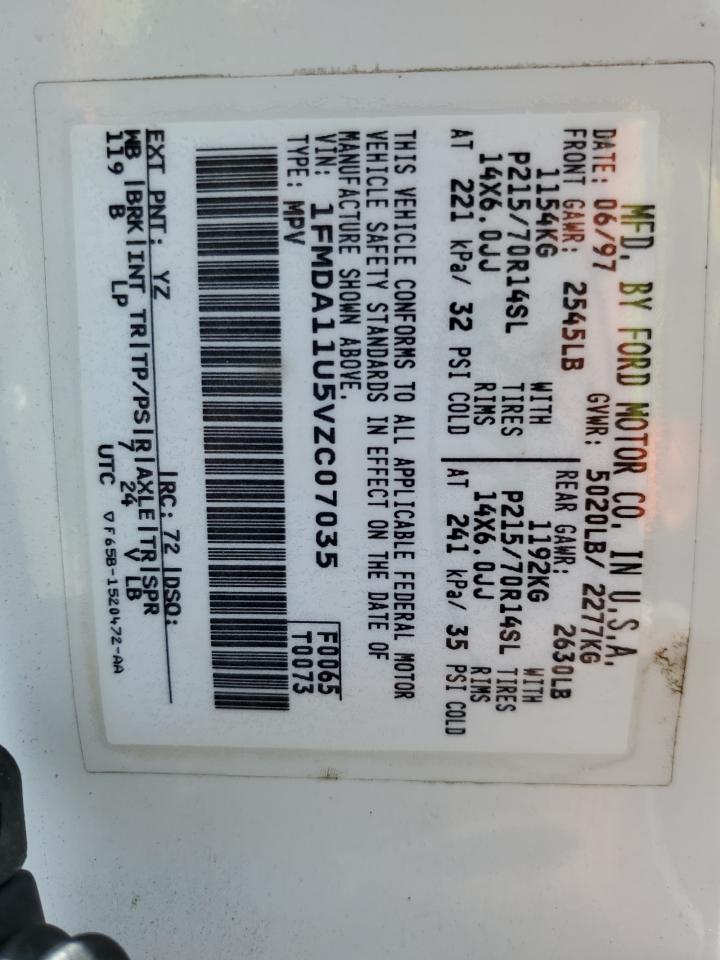 1997 Ford Aerostar VIN 1FMDA11U5VZC07035 Copart auction photo, front end / rear end damage thumbnail 13