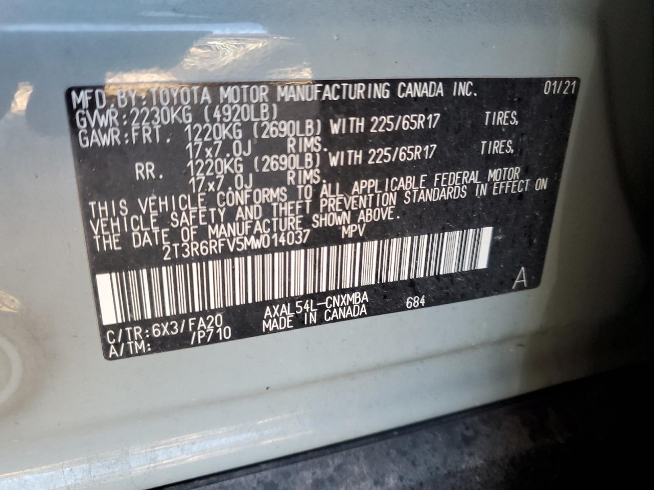 2021 Toyota RAV 4 VIN 2T3R6RFV5MW014037 Copart auction photo, side damage thumbnail 14