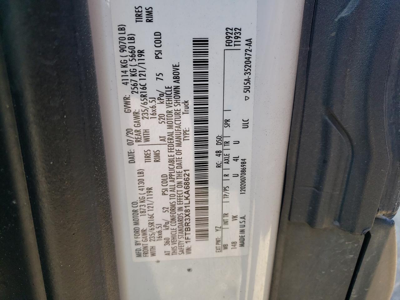 2020 Ford Transit VIN 1FTBR3X81LKA68621 Copart auction photo, rear end / side damage thumbnail 13