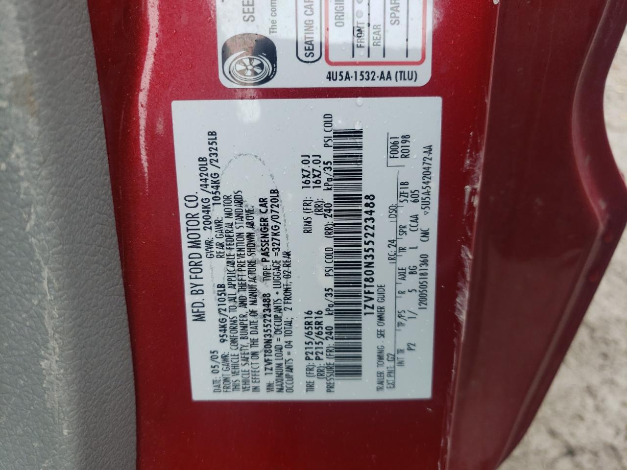 2005 Ford Mustang VIN 1ZVFT80N355223488 Copart auction photo, rear end damage thumbnail 12