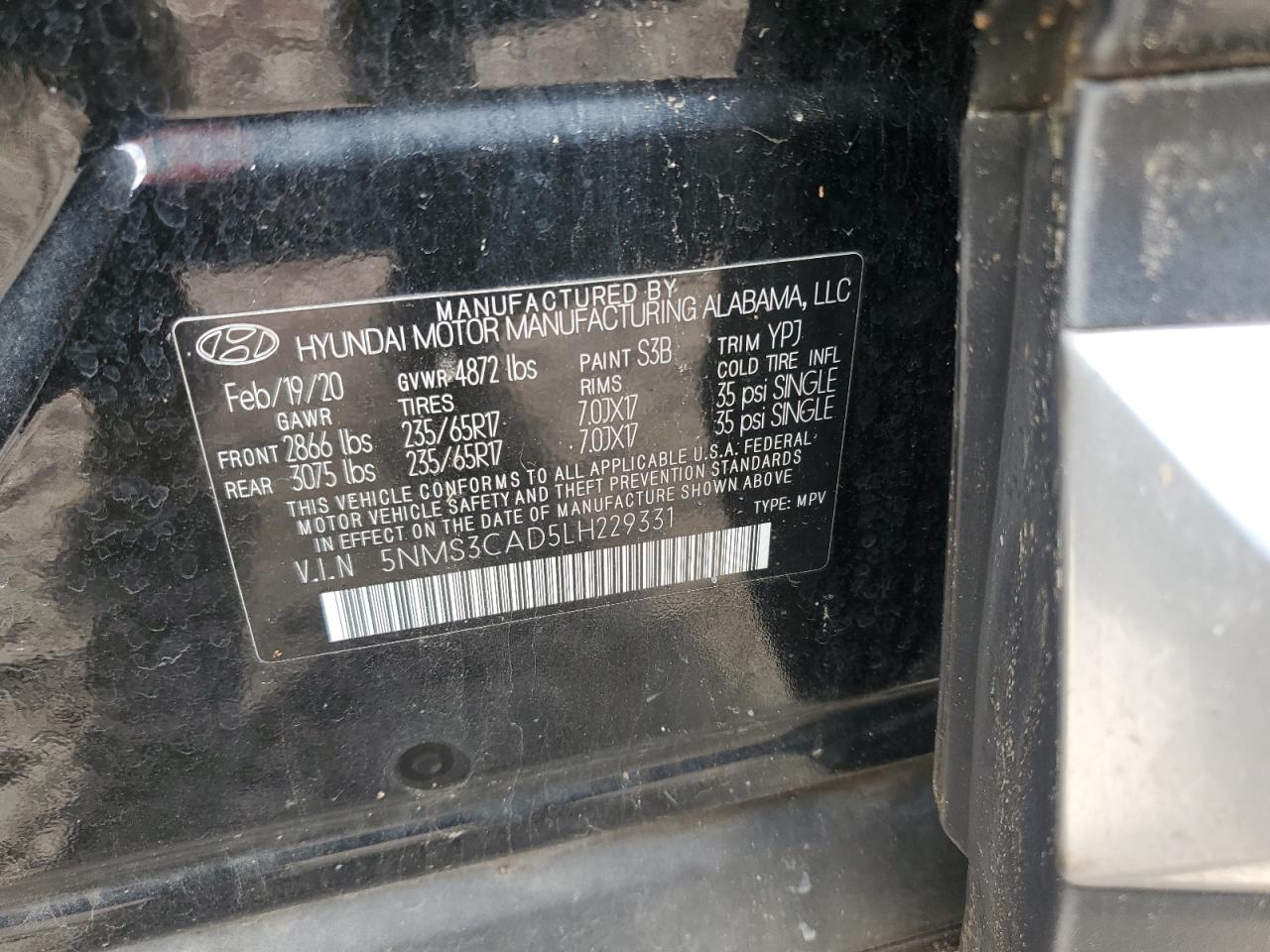 2020 Hyundai Santa Fe VIN 5NMS3CAD5LH229331 Copart auction photo, all over damage thumbnail 13