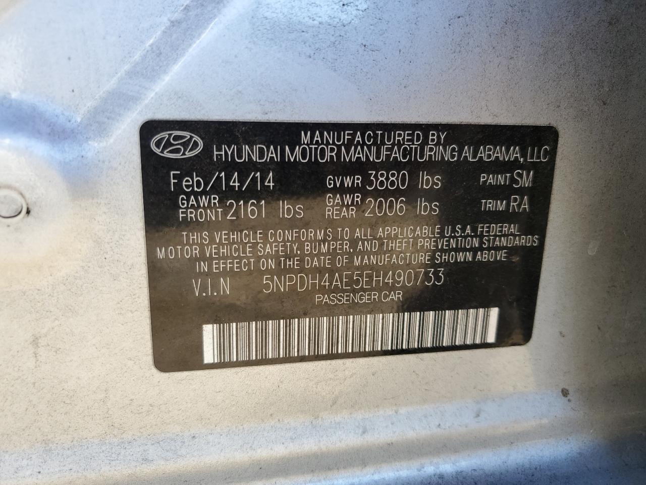 2014 Hyundai Elantra VIN 5NPDH4AE5EH490733 Copart auction photo, front end damage thumbnail 13