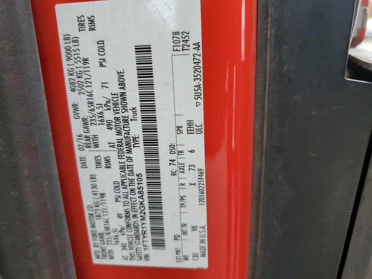 2016 Ford Transit VIN 1FTYR1YM2GKA85105 Copart auction photo, front end / side damage thumbnail 14