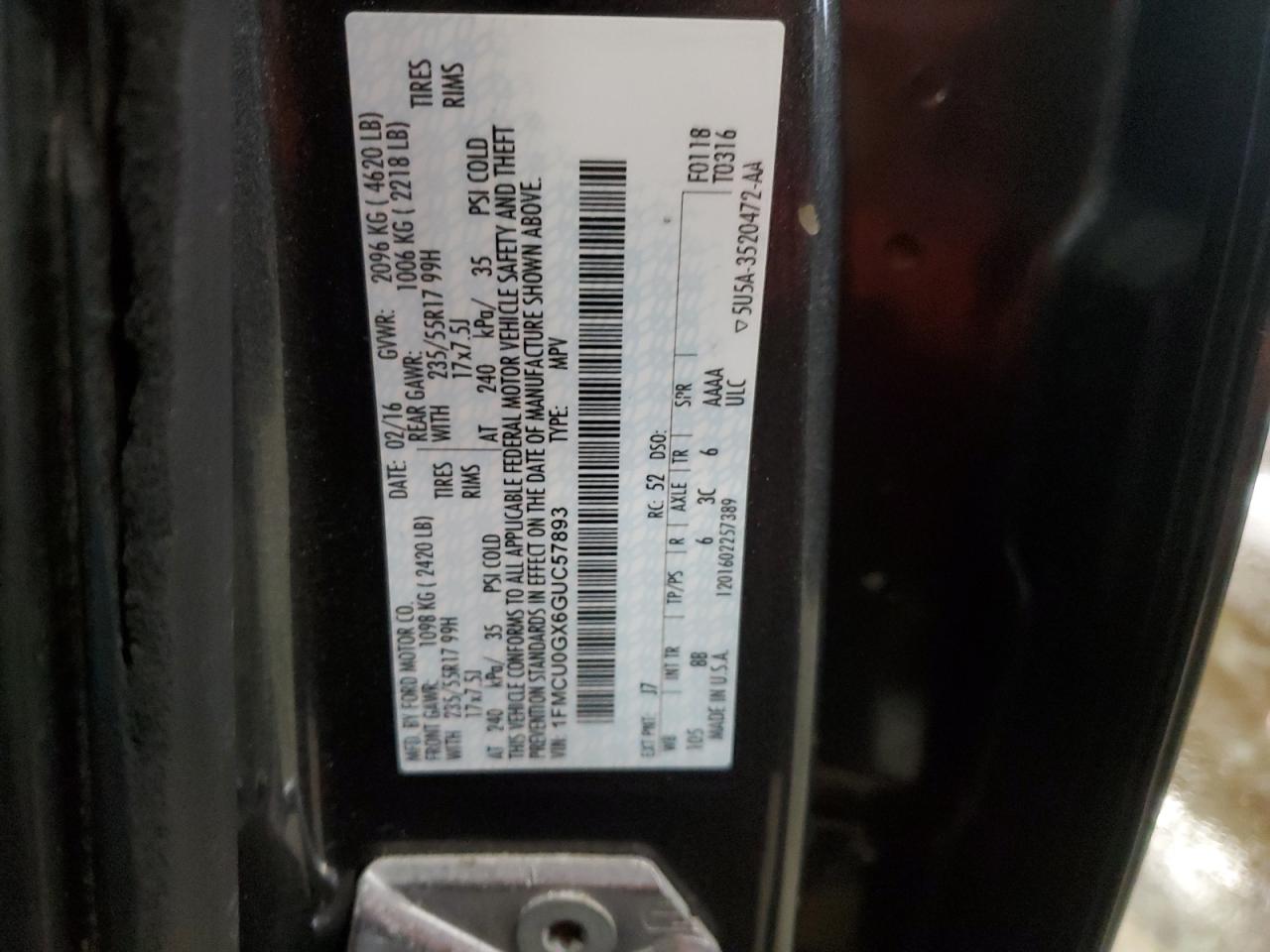 2016 Ford Escape VIN 1FMCU0GX6GUC57893 Copart auction photo, minor dent/scratches damage thumbnail 13