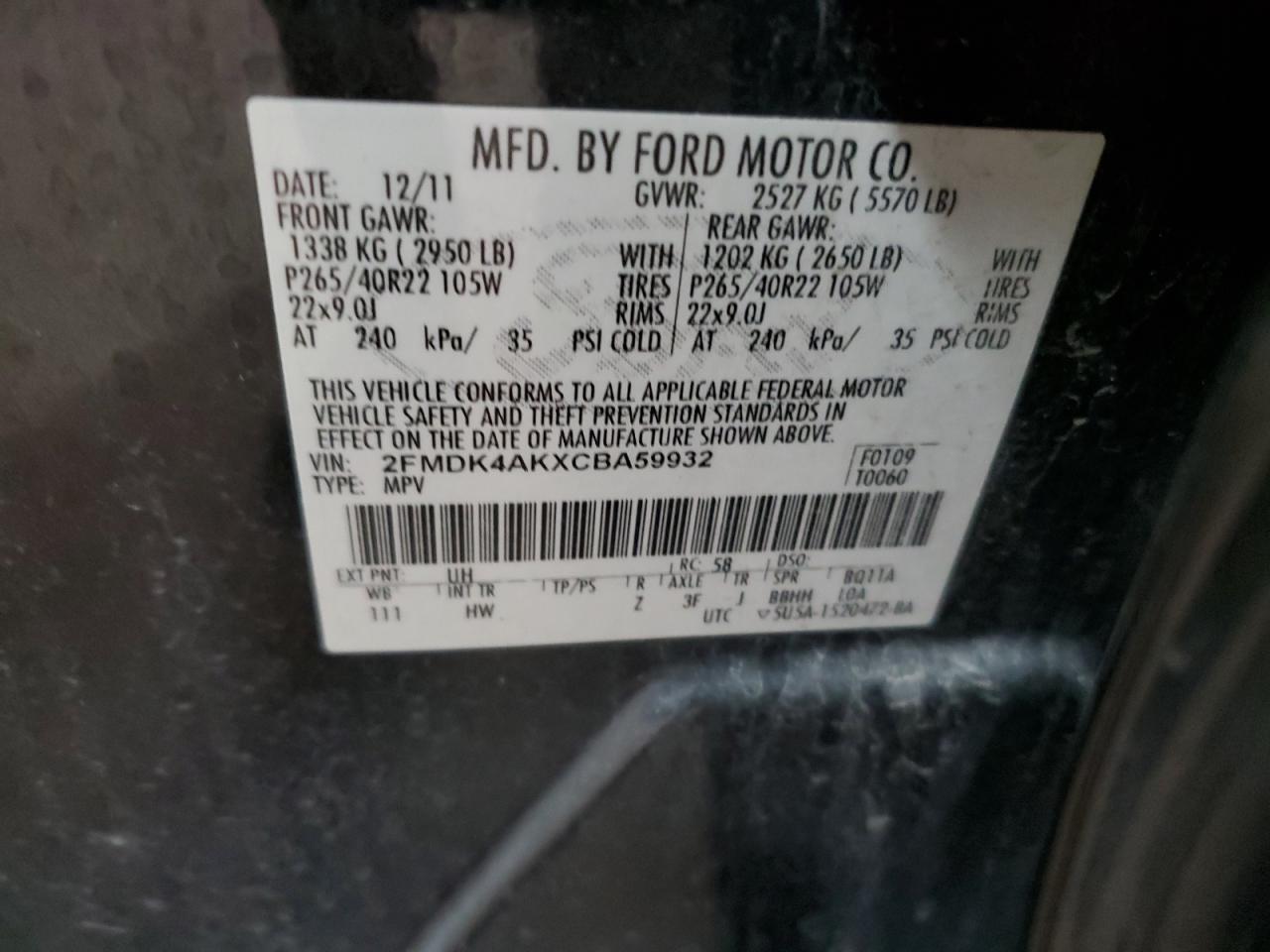 2012 Ford Edge VIN 2FMDK4AKXCBA59932 Copart auction photo, front end / minor dent/scratches damage thumbnail 13