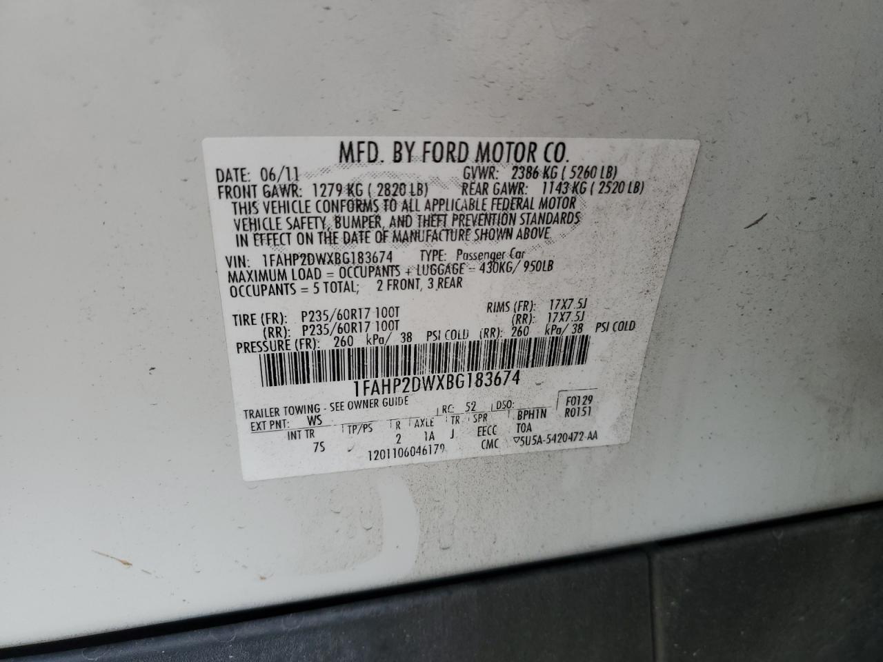 2011 Ford Taurus VIN 1FAHP2DWXBG183674 Copart auction photo, front end / side damage thumbnail 14