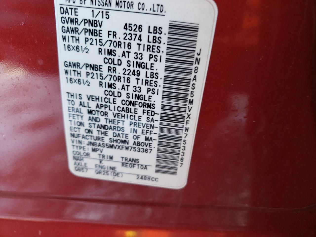 2015 Nissan Rogue VIN JN8AS5MVXFW753367 Copart auction photo, all over damage thumbnail 15