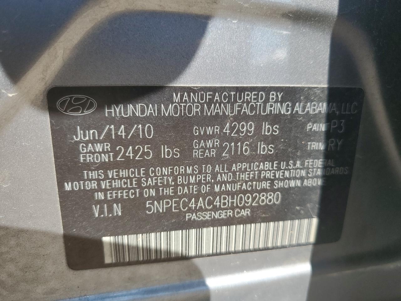 2011 Hyundai Sonata VIN 5NPEC4AC4BH092880 Copart auction photo, water/flood / front end damage thumbnail 12