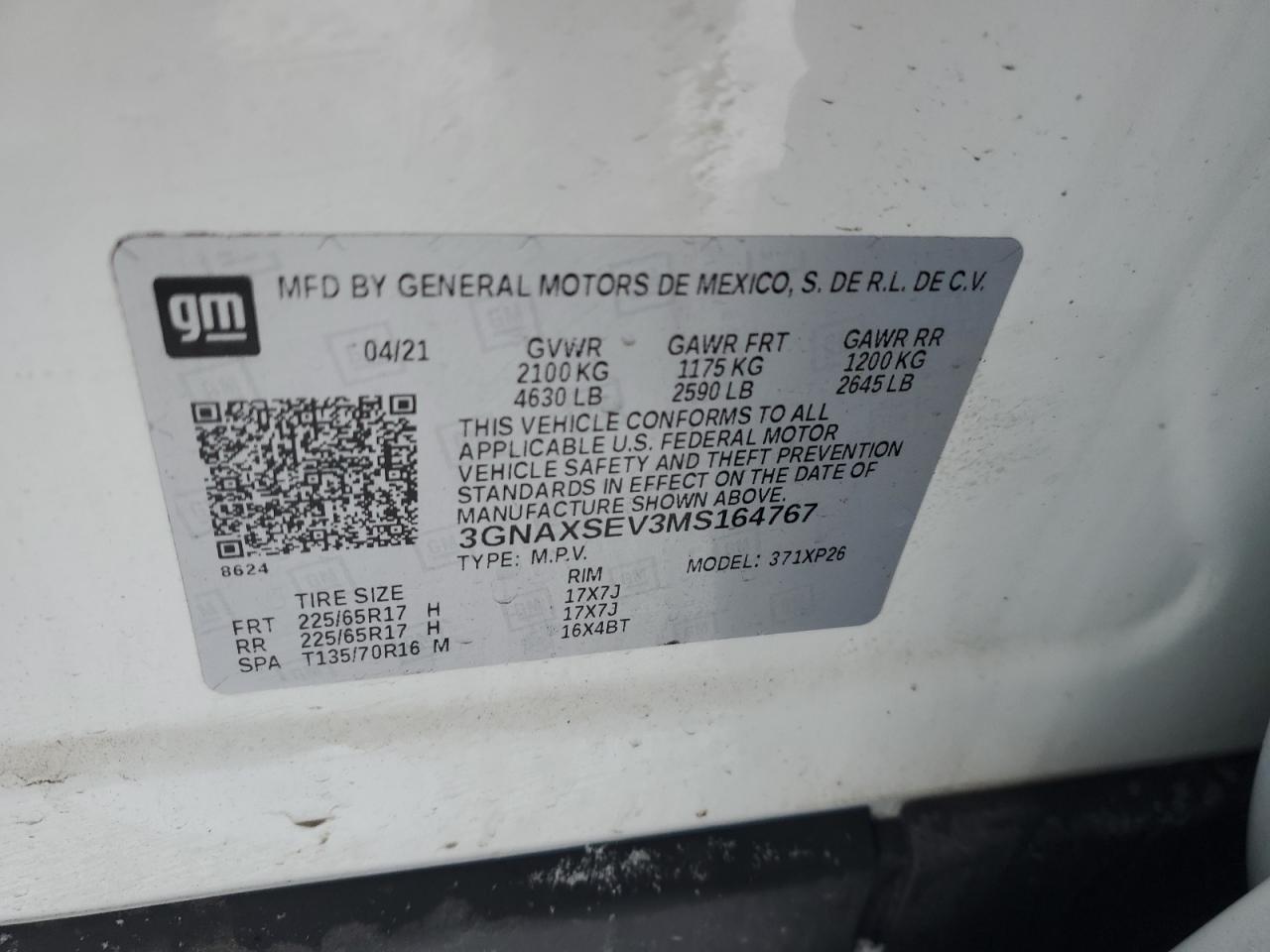 2021 Chevrolet Equinox VIN 3GNAXSEV3MS164767 Copart auction photo, front end damage thumbnail 14