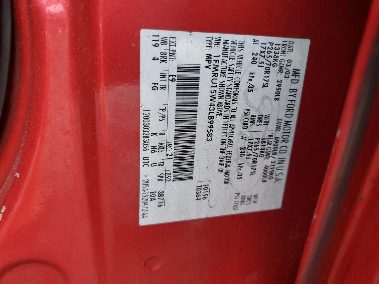 2003 Ford Expedition VIN 1FMRU15W43LB99583 Copart auction photo, front end / rear end damage thumbnail 13