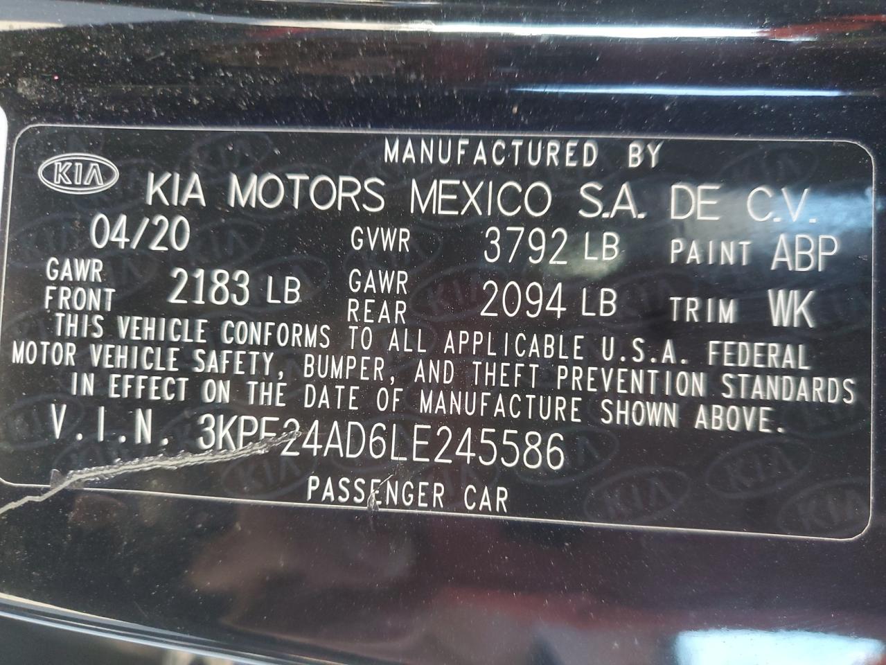 2020 KIA Forte VIN 3KPF24AD6LE245586 Copart auction photo, side / minor dent/scratches damage thumbnail 12