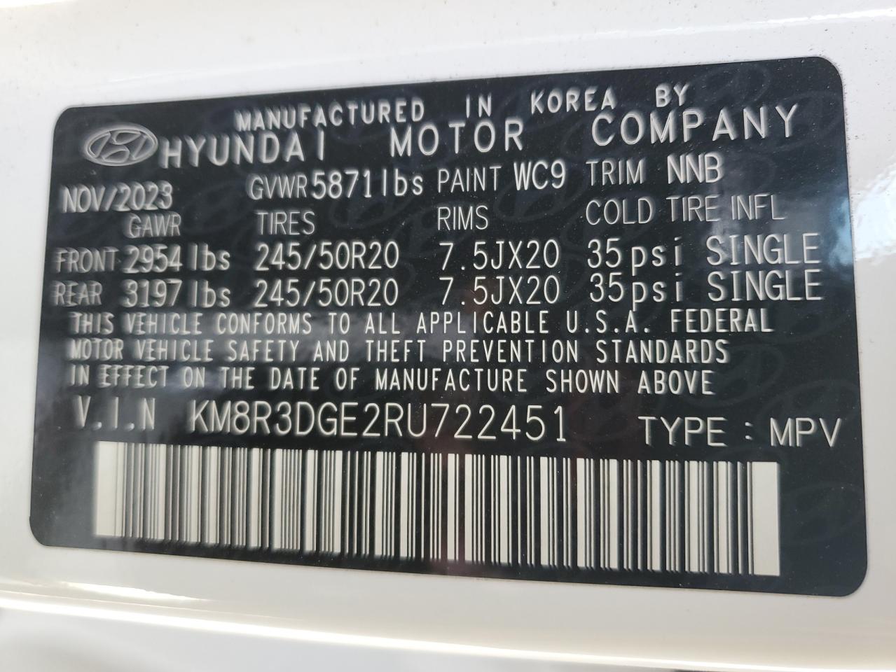 2024 Hyundai Palisade VIN KM8R3DGE2RU722451 Copart auction photo, front end / hail damage thumbnail 13