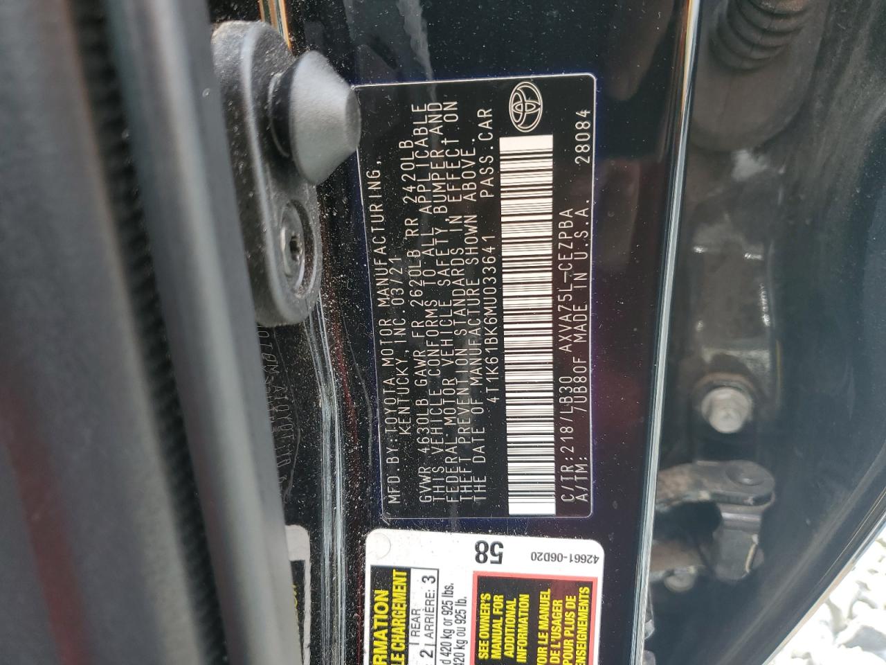2021 Toyota Camry VIN 4T1K61BK6MU033641 Copart auction photo, side / undercarriage damage thumbnail 14