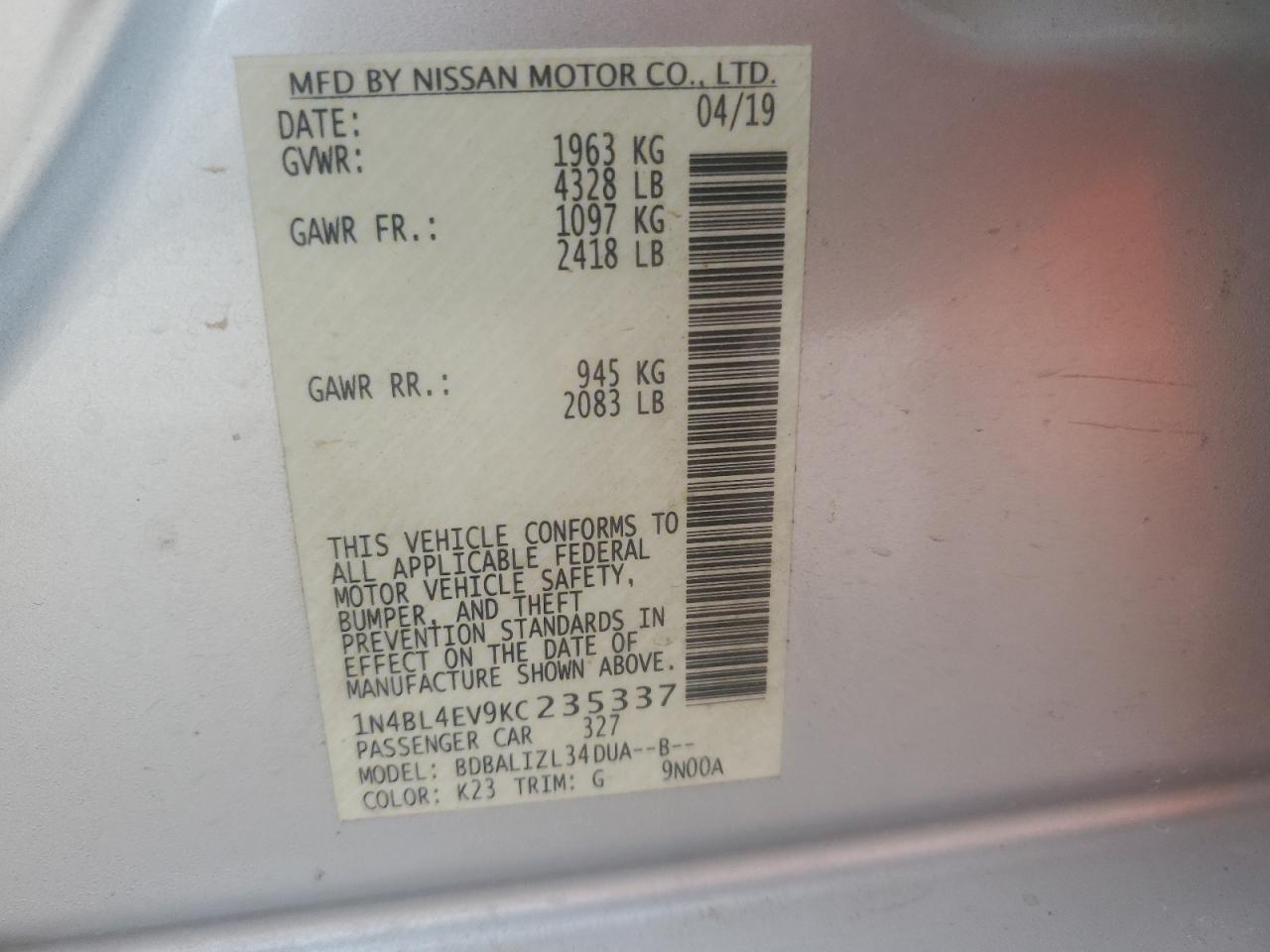 2019 Nissan Altima VIN 1N4BL4EV9KC235337 Copart auction photo, front end / minor dent/scratches damage thumbnail 12