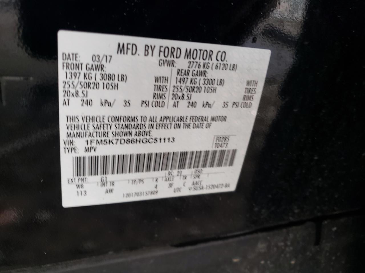 2017 Ford Explorer VIN 1FM5K7D86HGC51113 Copart auction photo, front end damage thumbnail 13