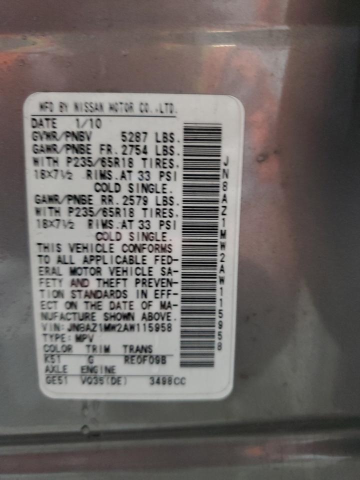 2010 Nissan Murano VIN JN8AZ1MW2AW115958 Copart auction photo, front end damage thumbnail 12