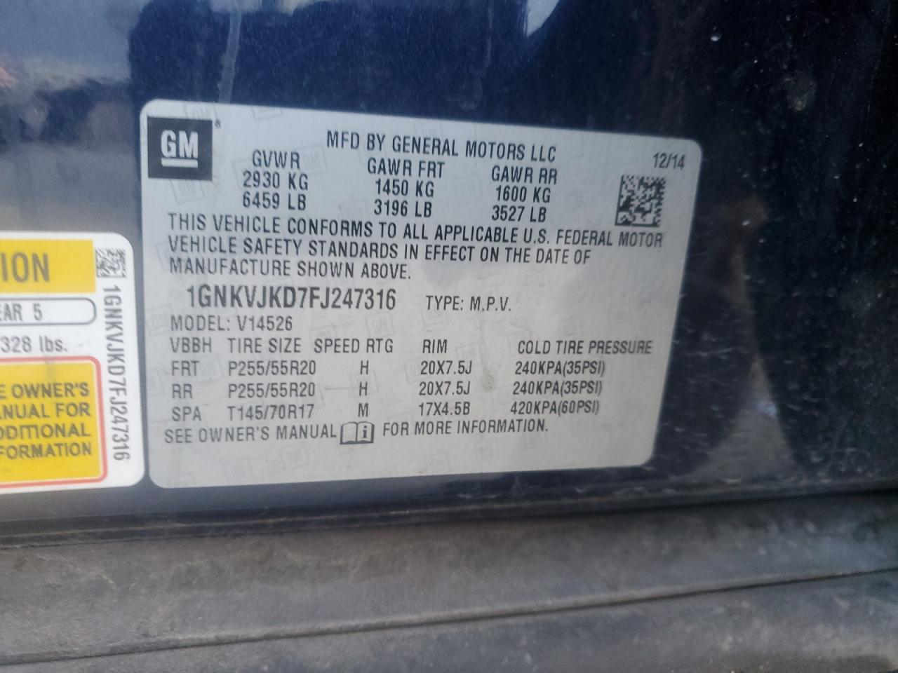 2015 Chevrolet Traverse VIN 1GNKVJKD7FJ247316 Copart auction photo, rear end damage thumbnail 12