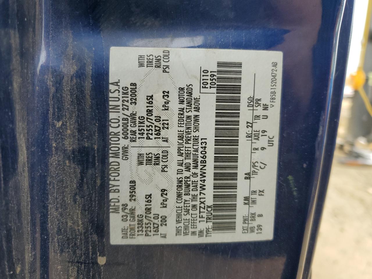 1998 Ford F-150 VIN 1FTZX17W4WNB60431 Copart auction photo, undercarriage damage thumbnail 13